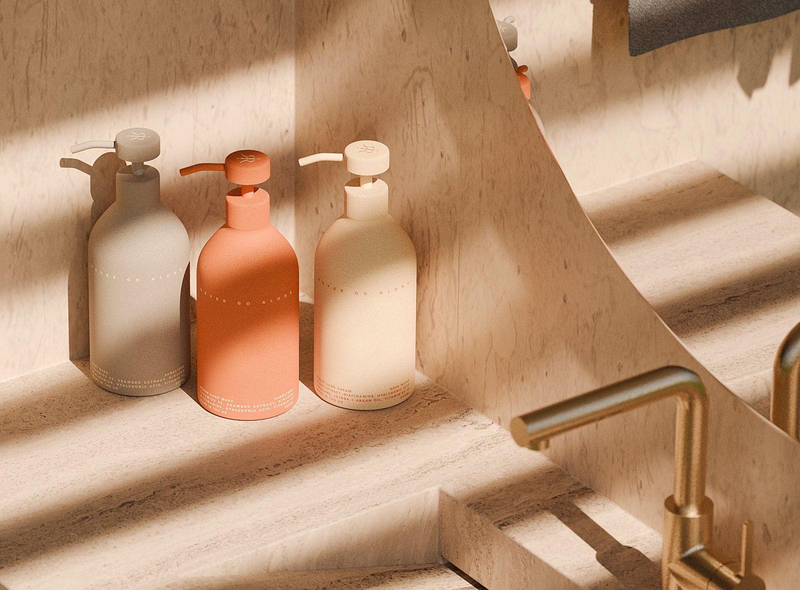 Never Go Alone Never Go Alone amenity bottles by a washbasin