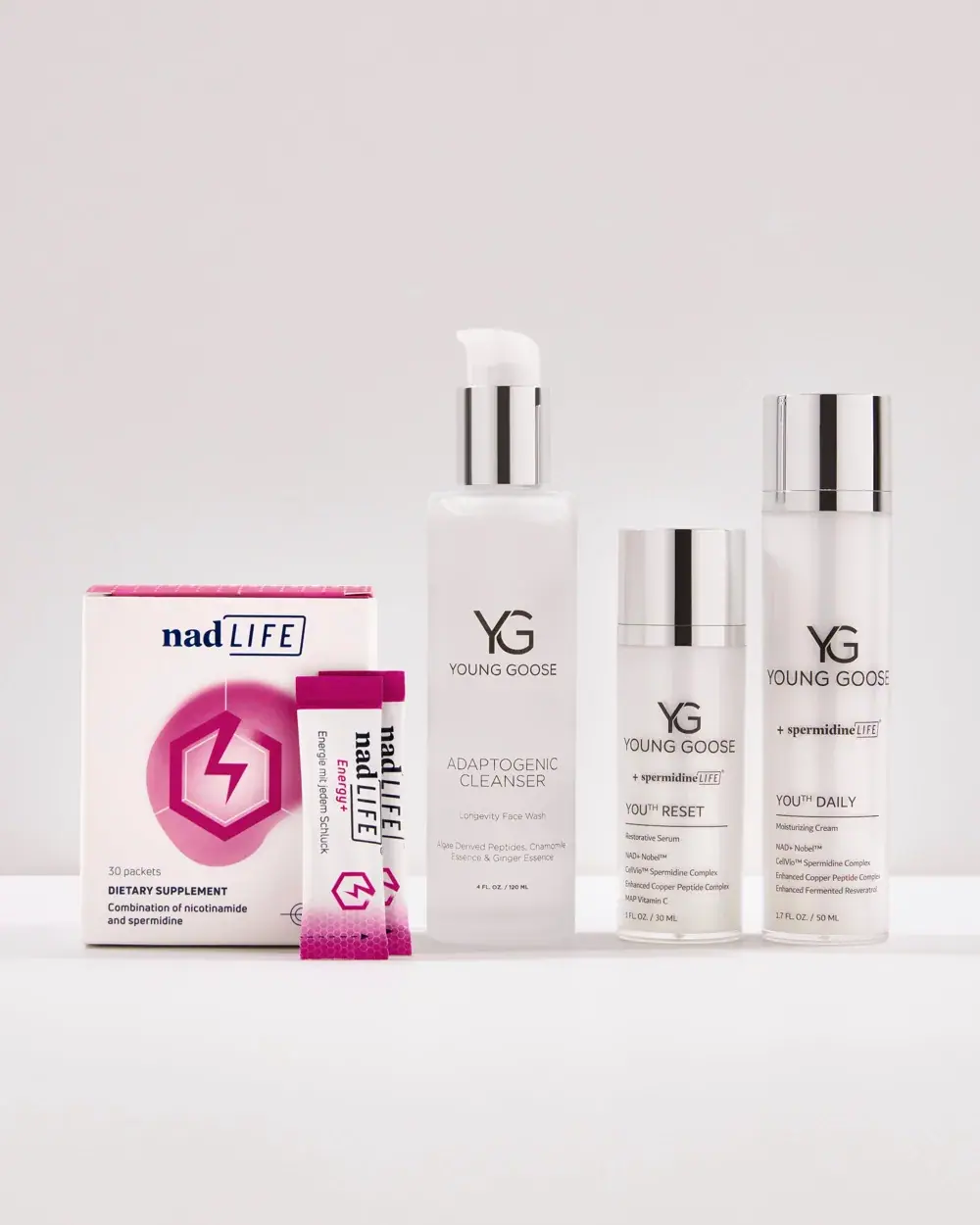 Young Goose CELLULAR DUO: NAD+ SPERMIDINE SKIN & SUPPLEMENT SYSTEM Young Goose CELLULAR DUO: NAD+ SPERMIDINE SKIN & SUPPLEMENT SYSTEM, front view
