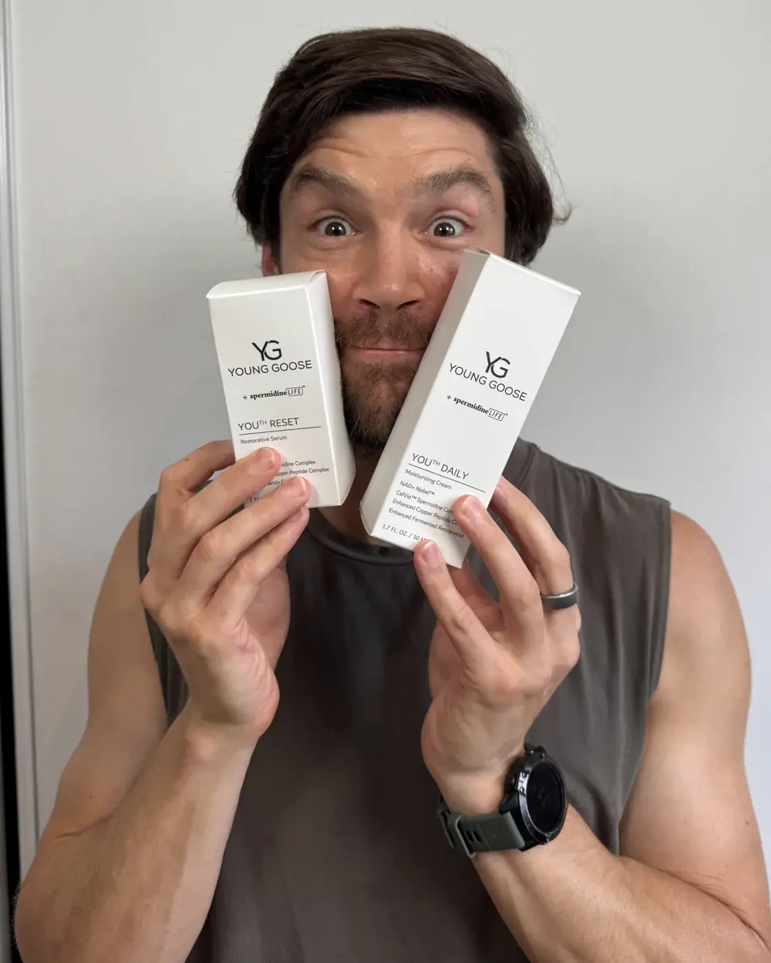 Young Goose Nick’s skincare longevity routine, detail view